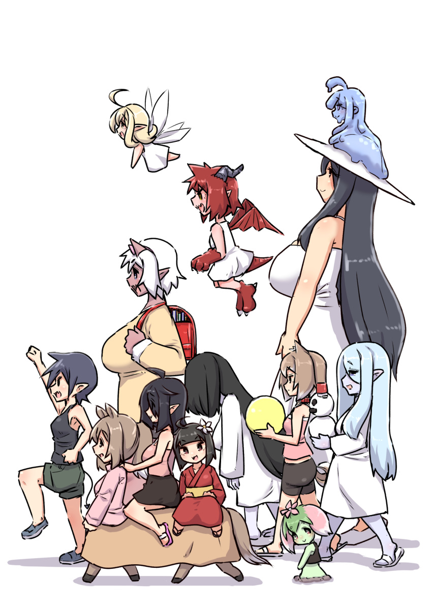 6+girls absurdres ahoge arm_up backpack bad_id bad_pixiv_id bag bare_arms bare_shoulders bike_shorts black_hair black_shorts black_skirt black_tank_top blonde_hair blue_footwear blue_hair breasts brown_hair brown_shirt brown_skirt camisole chibi colored_skin commentary_request crop_top curled_horns dragon_girl dragon_horns dragon_tail dragon_wings dress fairy fairy_wings flower from_side green_shorts green_skin hair_flower hair_ornament hasshaku-sama highres horns japanese_clothes kimono large_breasts loafers long_hair mini_person minigirl monster_girl multiple_girls obi original pink_camisole pink_shirt plant_girl pointy_ears ponytail profile randoseru red_kimono red_wings sash shadow shirt shoes short_shorts shorts skirt sleeveless sleeveless_dress slime_girl small_breasts snowman standing standing_on_one_leg tail tank_top u-non_(annon'an) very_long_hair white_background white_dress white_flower white_kimono white_wings wings yuki_onna