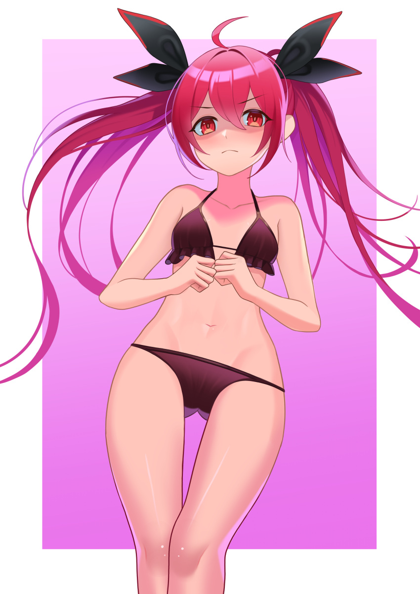 absurdres ahoge bikini bikini_pull black_bikini black_bow border bow closed_mouth clothes_pull collarbone date_a_live female flat_chest floating_hair frown gradient_background groin hair_between_eyes hair_intakes hairbow highres itsuka_kotori long_hair looking_at_viewer navel outside_border pink_background recare red_eyes red_hair shiny_skin solo swimsuit thigh_gap twintails very_long_hair white_border