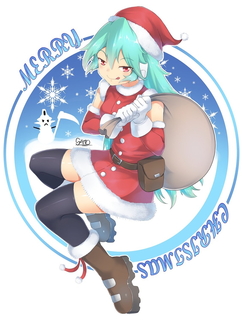 belt black_footwear christmas commentary detached_sleeves english_commentary female gloves hair_between_eyes hat highres holding holding_sack mega_man_(series) mega_man_zx merry_christmas pandora_(mega_man) red_eyes sack santa_costume santa_hat shoutaro_saito smile snowflakes solo thighhighs tongue tongue_out white_gloves zettai_ryouiki