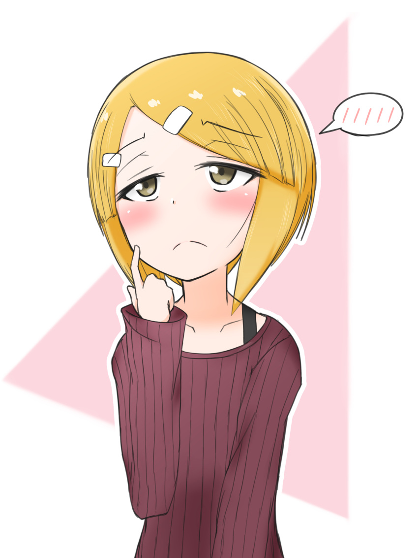 absurdres alternate_hairstyle ame_(amechan17391739) bad_id bad_pixiv_id blonde_hair bra bra_peek cutlass_(girls_und_panzer) female frown girls_und_panzer hair_ornament hairclip highres scoop_neck short_hair simple_background solo spoken_blush sweater underwear yellow_eyes