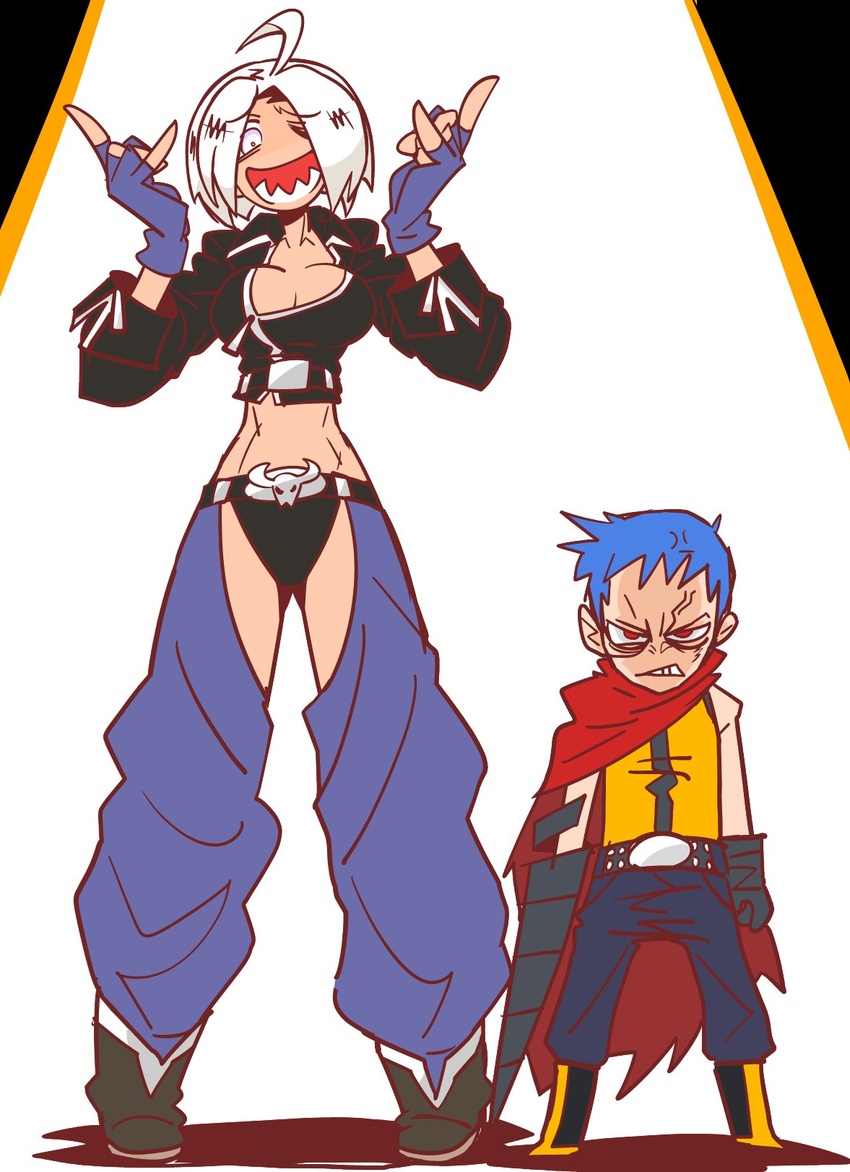 1boy angel_(kof) anger_vein blue_hair breasts cape chaps crop_top cropped_jacket female fingerless_gloves g=hikorou gloves highres k9999 midriff red_cape red_eyes sharp_teeth short_hair teeth the_king_of_fighters white_hair