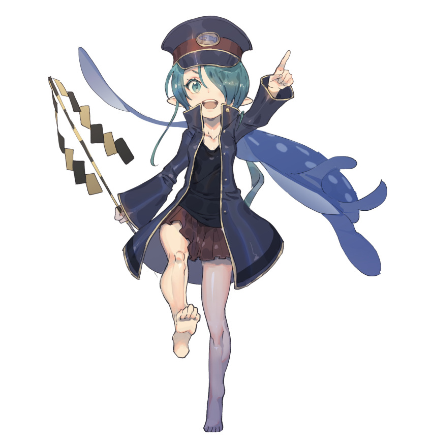 aqua_eyes aqua_hair barefoot black_shirt blue_coat blue_headwear coat collarbone commentary_request female full_body gohei hair_over_one_eye hat highres holding keifuku-san keifuku_(tatsuki) long_hair long_sleeves manta_ray open_mouth peaked_cap pleated_skirt pointing pointing_forward pointy_ears ponytail popped_collar red_skirt shirt simple_background skirt swept_bangs tanakalma v-shaped_eyebrows walking white_background