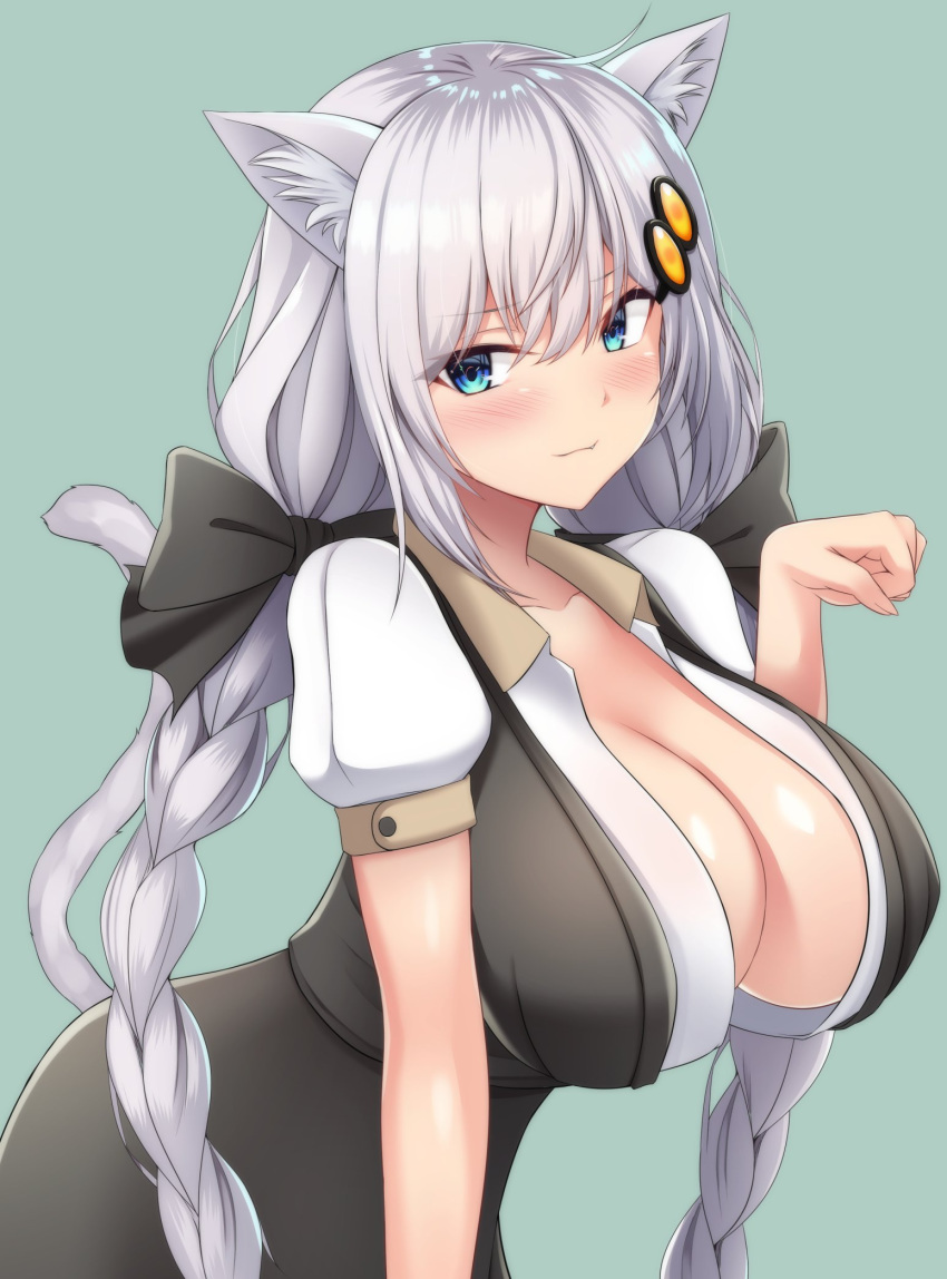 ahoge animal_ear_fluff animal_ears aqua_background black_bow blue_eyes blush bow braid breasts cat_ears cat_girl cat_tail chibi_yawawa closed_mouth collarbone commentary_request eyes_visible_through_hair fang_out female grey_hair hair_between_eyes hair_ornament hairbow hand_up highres huge_breasts kemonomimi_mode kizuna_akari long_hair oerba_yun_fang paw_pose puffy_short_sleeves puffy_sleeves short_sleeves smile solo tail tail_raised twin_braids very_long_hair vocaloid voiceroid