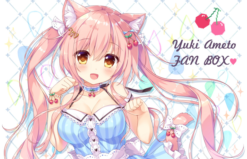 ameto_yuki animal_ears blush breasts catgirl choker cleavage long_hair macaron_(ameto_yuki) orange_eyes original pink_hair tail twintails watermark wristwear