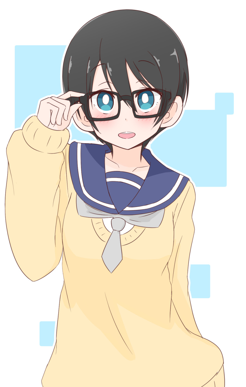 ame_(amechan17391739) bespectacled black_hair blue_eyes bright_pupils female glasses highres motosu_school_uniform sailor_collar saitou_ena school_uniform short_hair simple_background solo white_pupils yurucamp