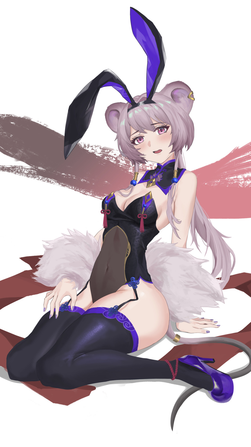 absurdres alternate_costume animal_ears arknights bare_shoulders black_hairband black_thighhighs blush breasts cleavage cola-alter covered_navel detached_collar fake_animal_ears female garter_straps grey_hair hairband high_heels highres leotard lin_(arknights) long_hair looking_at_viewer medium_breasts mouse_ears mouse_girl mouse_tail nail_polish open_mouth pink_eyes playboy_bunny ponytail purple_footwear purple_nails rabbit_ears sidelocks sitting solo strapless strapless_leotard tail thighhighs wariza