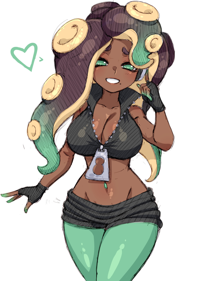 arm_up beauty_mark big_breasts cleavage dark-skinned_female dark_skin fingerless_gloves hourglass_figure looking_at_viewer marina_(splatoon) octoling octoling_girl simmsy smile smiling splatoon splatoon_(series) splatoon_2 tentacle_hair tentacles voluptuous wide_hips