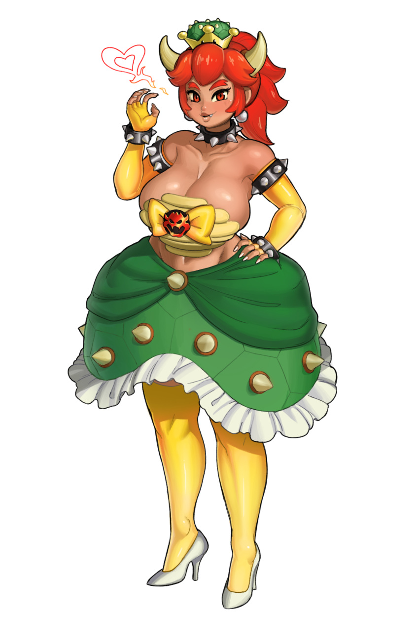 armlet bare_shoulders bowsette bracelet breasts choker cleavage commentary crown elbow_gloves female forked_eyebrows full_body gloves hard-degenerate high_heels highres horns jewelry large_breasts mario_(series) new_super_mario_bros._u_deluxe simple_background skirt smile solo spiked_armlet spiked_bracelet spiked_choker spikes standing super_crown thick_eyebrows thighhighs