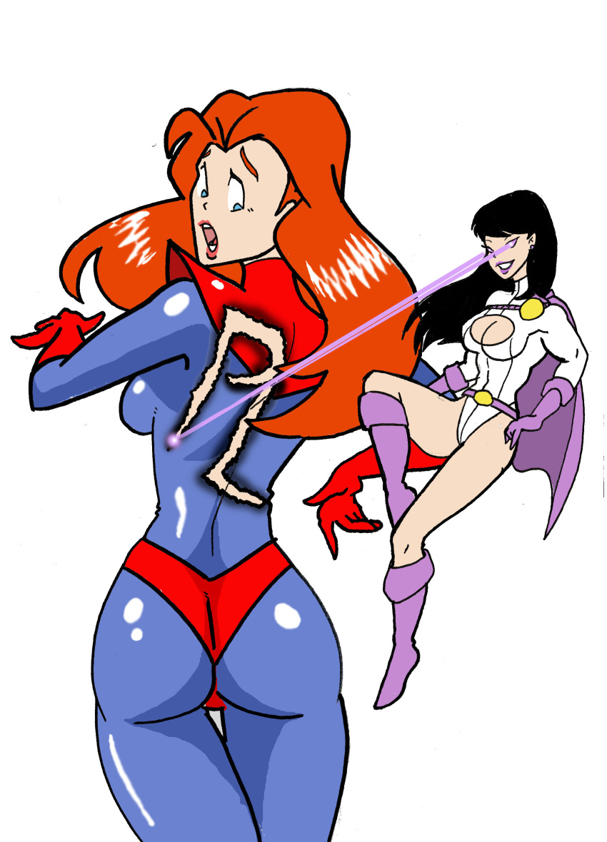 2girls ass ass_focus biceps big_ass brazilian_panties cartoony crossover damaged_clothes dat_ass dc dc_comics dcau female female_only fully_clothed giant_girl giantess laser_eyes latex latex_bodysuit latex_gloves latex_panties latex_suit leotard lois_lane lois_lane_(dcau) marvel marvel_comics mary_jane_watson muscles muscular_female pink_cape power_girl red_hair red_panties spider-man_(series) superman:_the_animated_series superman_(series) tight_clothing