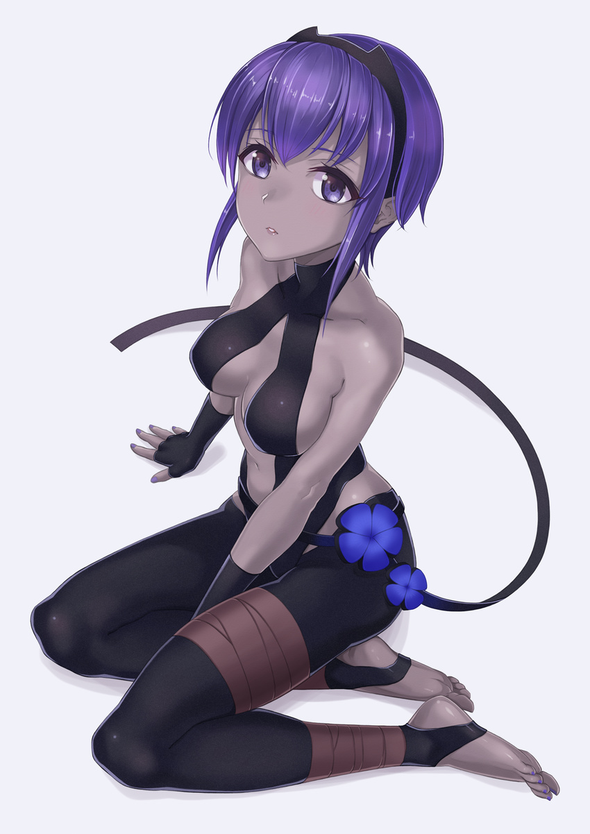 ankle_wrap arm_support bandages bare_shoulders barefoot between_legs black_gloves black_hairband black_pants breasts cleavage collarbone colored_skin commentary_request dark-skinned_female dark_skin fate/prototype fate/prototype:_fragments_of_blue_and_silver fate_(series) feet female fingerless_gloves full_body gloves grey_background hairband hand_between_legs hassan_of_serenity_(fate) highres looking_at_viewer medium_breasts nail_polish navel pants parted_lips purple_eyes purple_hair purple_nails shinno shiny_skin short_hair_with_long_locks sidelocks sitting soles solo stomach toenail_polish toenails toes