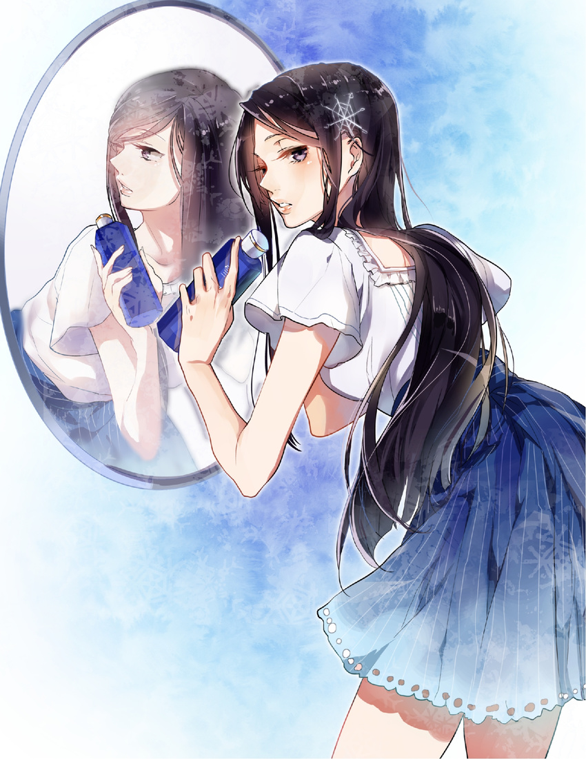 black_hair commentary_request female hair_ornament highres long_hair looking_back mirror original purple_eyes reflection rituiti setsuko_(kose) snowflake_hair_ornament solo