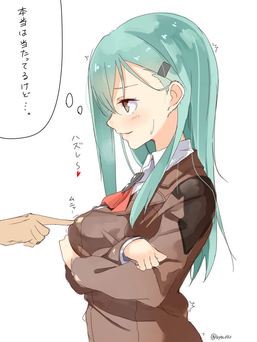 :o ? artist_name ascot blush breast_hold breast_poke breasts brown_eyes brown_jacket byte_(allbyte) collared_shirt commentary crossed_arms female from_side green_hair hair_ornament hairclip hands heart highres jacket kantai_collection long_hair long_sleeves meme motion_lines nipple_guessing_game_(meme) parted_lips poking profile red_ribbon ribbon shirt solo_focus suzuya_(kancolle) sweatdrop thought_bubble translated trembling upper_body white_shirt