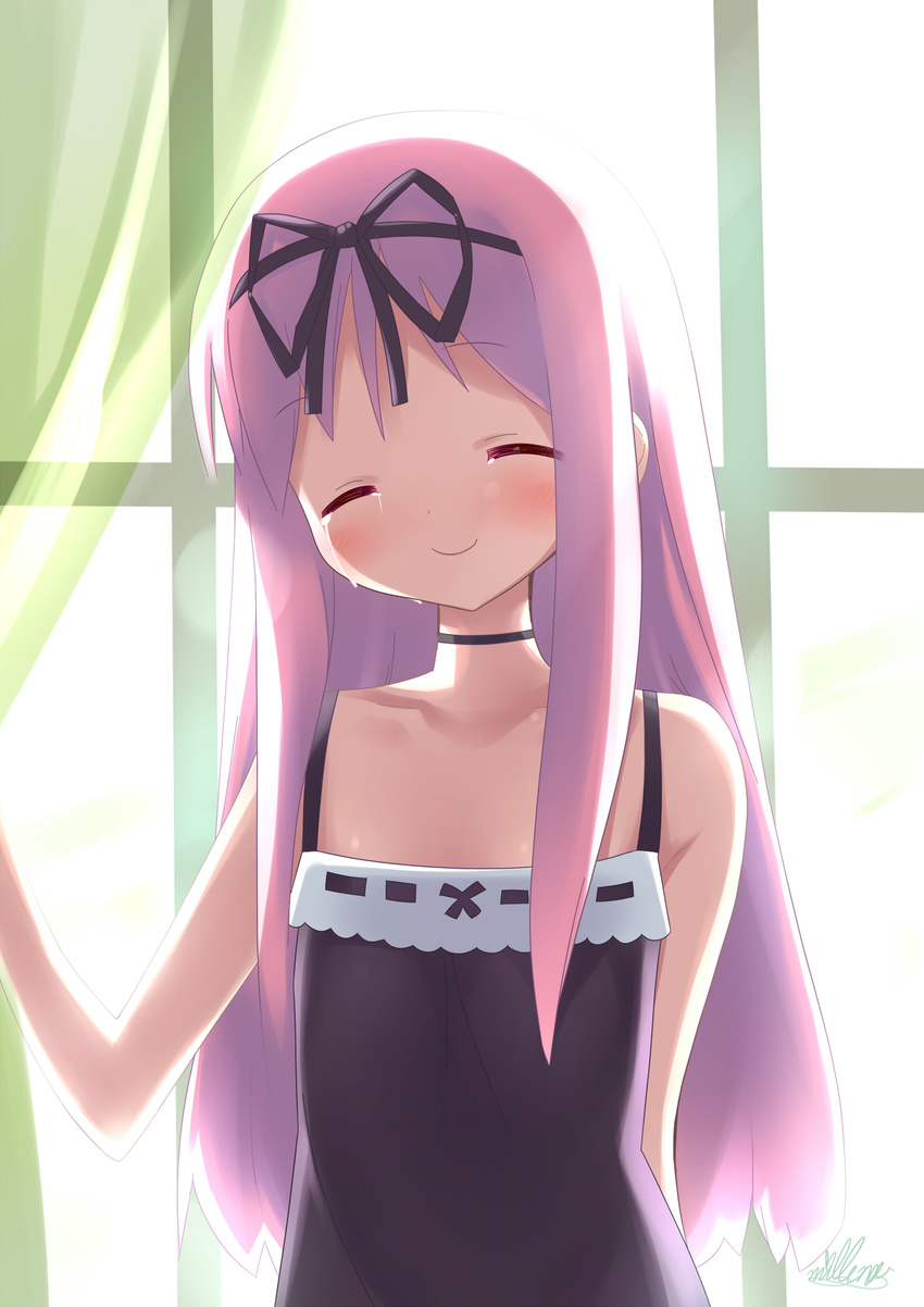 bad_id bad_pixiv_id blush choker closed_eyes commentary_request crying dress female flat_chest garden_(game) hair_ribbon highres himemiya_ruri long_hair mille pink_hair ribbon sleeveless sleeveless_dress smile solo tears