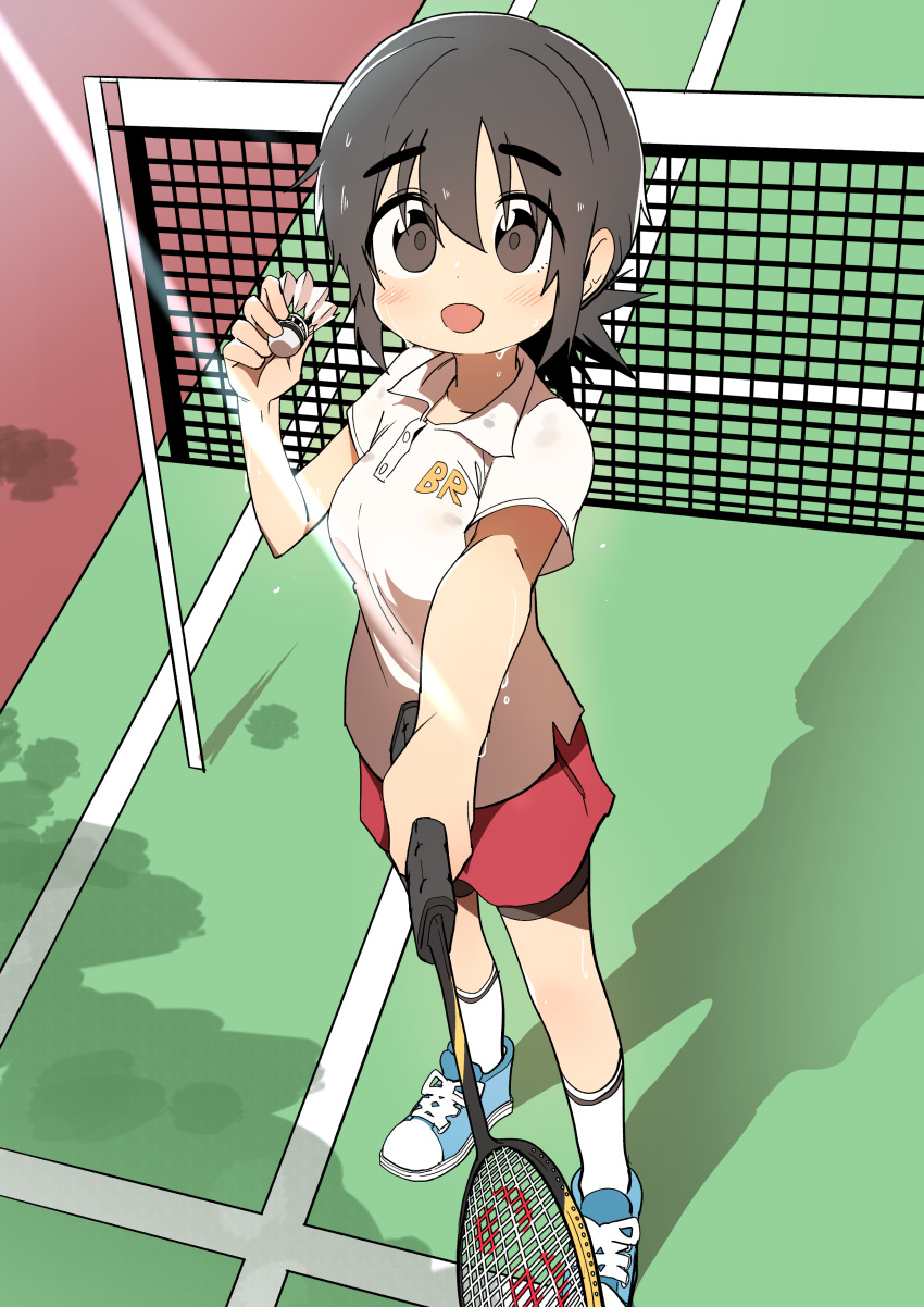 absurdres badminton_racket bike_shorts blush brown_eyes brown_hair bural_chingu commentary eyebrows female full_body highres korean_commentary looking_at_viewer luke_(dydansgur) open_mouth original polo_shirt racket red_skirt seong_mi-na_(bural_chingu) short_hair shuttlecock skirt smile solo sweat tareme