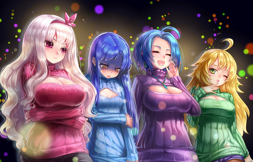 4girls ahoge blonde_hair blue_hair breast_envy breasts cleavage cleavage_cutout closed_eyes clothing_cutout commentary_request green_eyes grey_hair hairband hoshii_miki idolmaster idolmaster_(classic) kisaragi_chihaya large_breasts long_hair meme_attire miura_azusa multiple_girls open-chest_sweater open_mouth photoshop_(medium) ribbed_sweater shijou_takane smile st.microscope sweater turtleneck white_hair