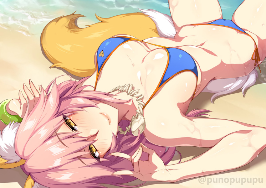 animal_ears beach bikini blush breasts cameltoe close fate/grand_order fate_(series) foxgirl long_hair navel necklace pink_hair swimsuit tail tamamo_no_mae_(fate) water watermark wet wristwear yellow_eyes zeroshiki_kouichi