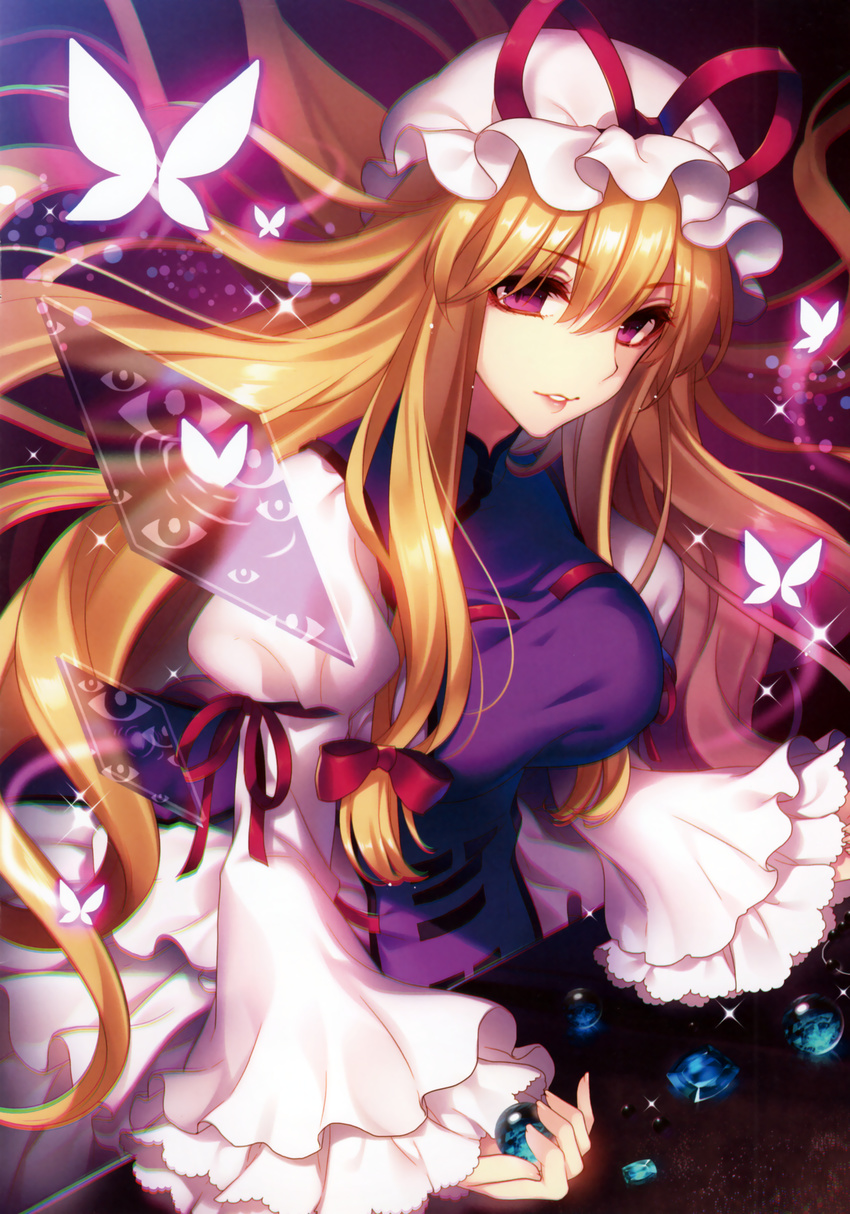 absurdres blonde_hair bow bug butterfly chromatic_aberration dress dutch_angle female hair_ornament hairbow hat hat_ribbon highres long_hair long_sleeves looking_at_viewer masaru.jp mob_cap obsidian_(gemstone) parted_lips puffy_sleeves purple_eyes ribbon scan smile solo sparkle tabard touhou white_dress wide_sleeves yakumo_yukari