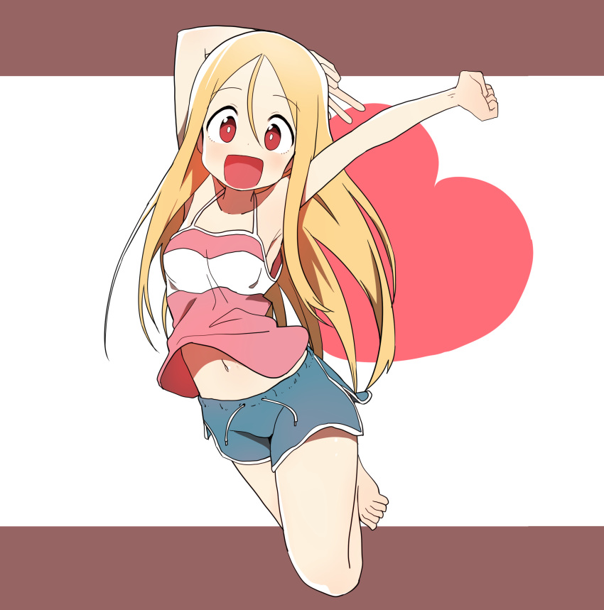 absurdres barefoot blonde_hair bural_chingu commentary female full_body highres jumping korean_commentary lee_ji-min long_hair looking_at_viewer luke_(dydansgur) midriff navel open_mouth original red_eyes shorts smile solo tank_top