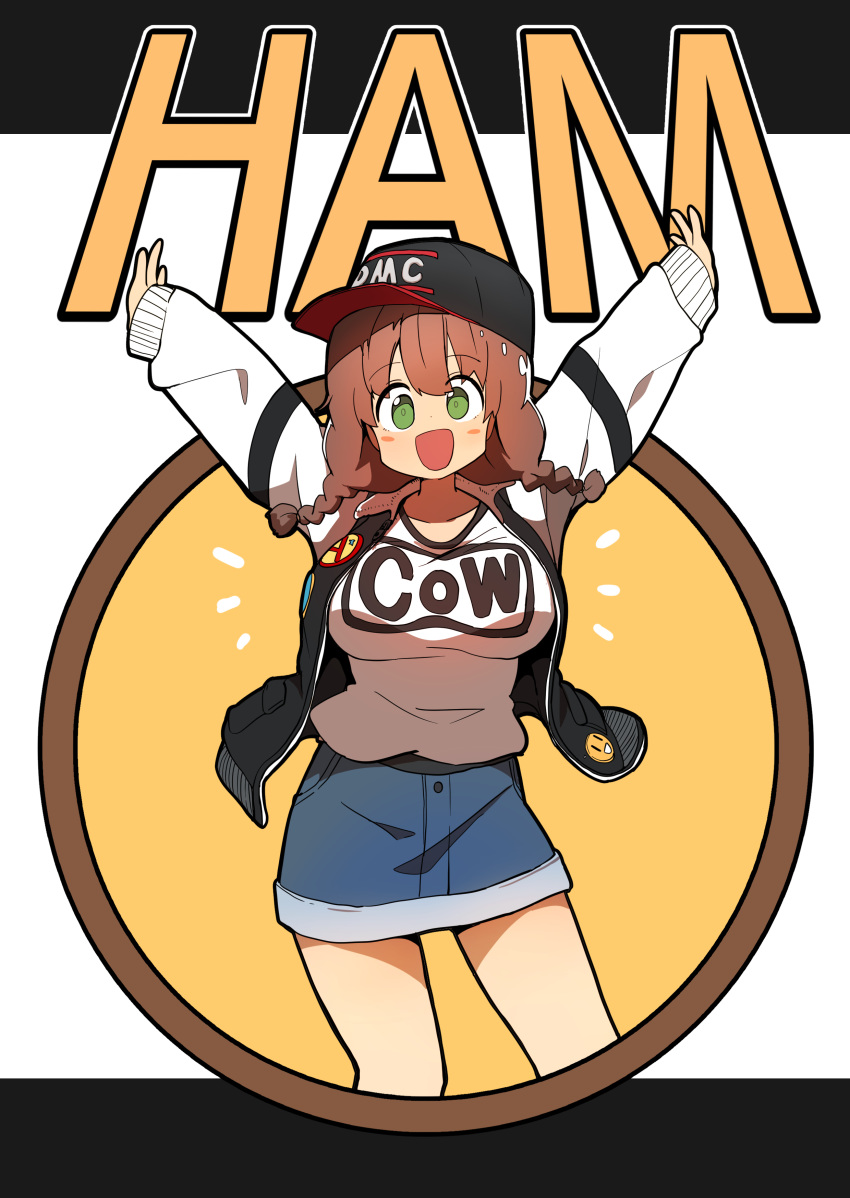 absurdres baseball_cap blush blush_stickers braid breasts brown_hair bural_chingu character_name commentary denim denim_skirt female green_eyes ham_na-bi hat highres huge_breasts jacket korean_commentary low_twin_braids luke_(dydansgur) open_mouth original short_braid skirt smile solo twin_braids twintails