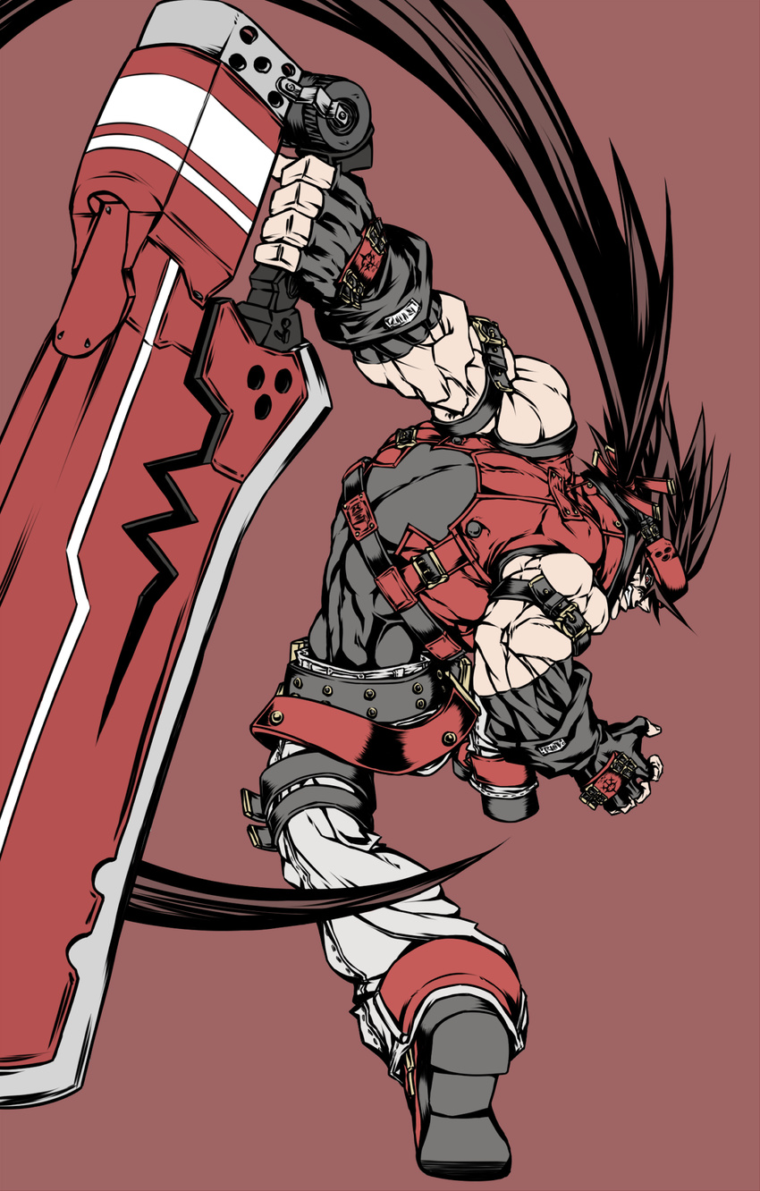 1boy attack belt brown_hair commentary_request fingerless_gloves flat_color forehead_protector from_behind gloves grin guilty_gear guilty_gear_xrd headband highres junkyard_dog_mk_iii left-handed long_hair multiple_belts muscular ponytail red_eyes reverse_grip smile sol_badguy spiked_hair super_banda803 sword very_long_hair vest weapon