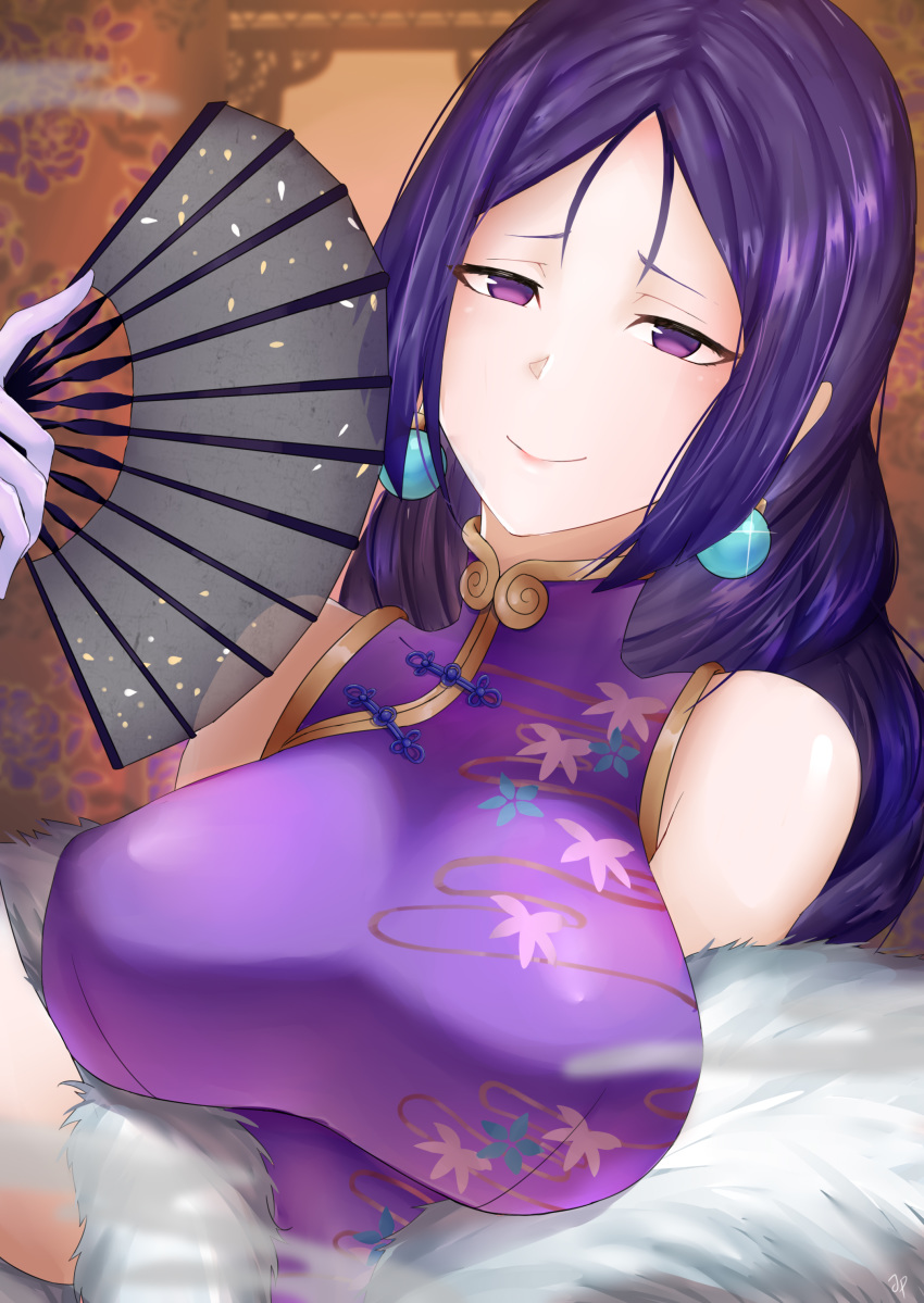 absurdres breasts china_dress chinese_clothes commentary_request curvy dress fate/grand_order fate_(series) feather_boa female folding_fan gloves hand_fan highres holding holding_fan jrpulse large_breasts long_hair looking_at_viewer minamoto_no_raikou_(fate) minamoto_no_raikou_(traveling_outfit)_(fate) paper_fan parted_bangs purple_eyes purple_hair sleeveless smile solo very_long_hair