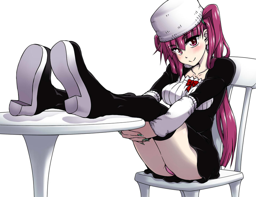 bleach blush boots chair dokugamine_riruka female fingernails green_nails hanya_(hanya_yashiki) hanyapunifu hat legs_up long_hair looking_at_viewer nail_polish panties pantyshot pantyshot_(sitting) pink_panties purple_eyes purple_hair sitting smile solo table thigh_boots thighhighs twintails underwear