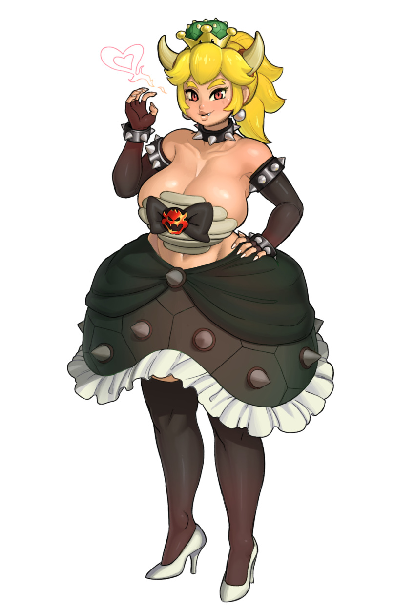 armlet bare_shoulders bowsette bracelet breasts choker cleavage commentary crown elbow_gloves female forked_eyebrows full_body gloves hard-degenerate high_heels highres horns jewelry large_breasts mario_(series) new_super_mario_bros._u_deluxe simple_background skirt smile solo spiked_armlet spiked_bracelet spiked_choker spikes standing super_crown thick_eyebrows thighhighs