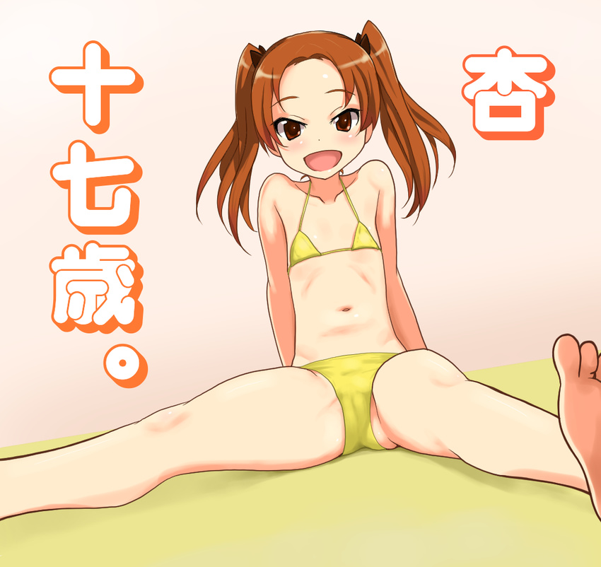 :d arm_support barefoot bikini brown_eyes brown_hair commentary_request female flat_chest girls_und_panzer k-dam kadotani_anzu long_hair navel open_mouth sitting smile solo spread_legs swimsuit translated twintails yellow_bikini