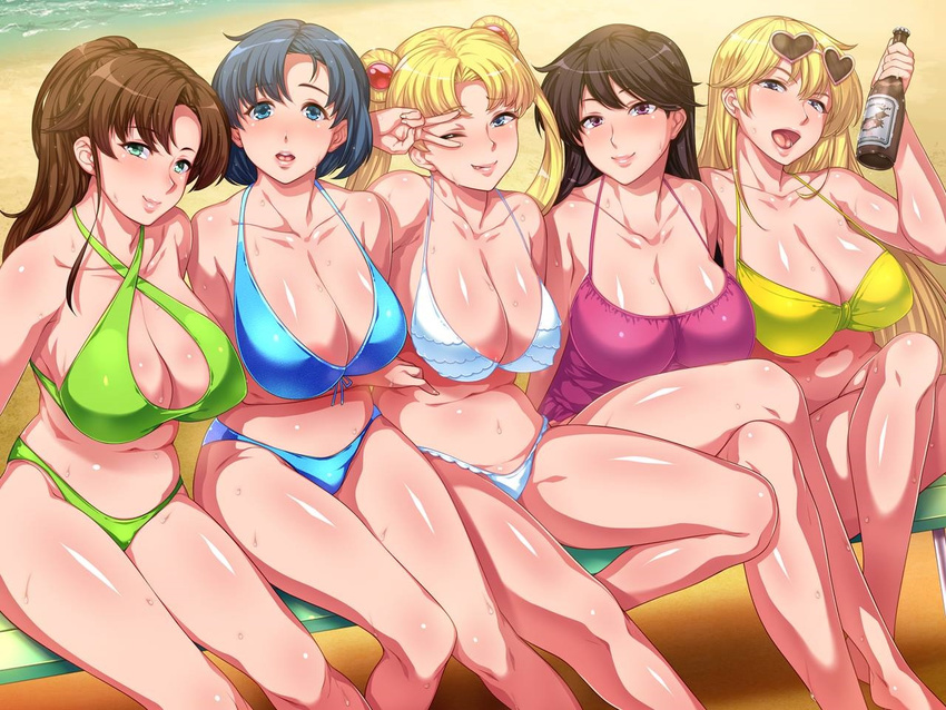 5girls aino_minako alcohol beach bench bikini bishoujo_senshi_sailor_moon black_hair blonde_hair blue_eyes blue_hair blush breasts brown_hair cleavage commentary_request duplicate eyewear_on_head green_eyes hair_ornament heart heart-shaped_eyewear hime_cut hino_rei huge_breasts kino_makoto large_breasts liquor long_hair mario_(mario_portal) md5_mismatch midriff mizuno_ami multiple_girls ocean one-piece_swimsuit one_eye_closed open_mouth orc_okomeman ponytail purple_eyes sand short_hair sitting sitting_on_object smile sunglasses sweat swimsuit thighs tsukino_usagi twintails v very_long_hair