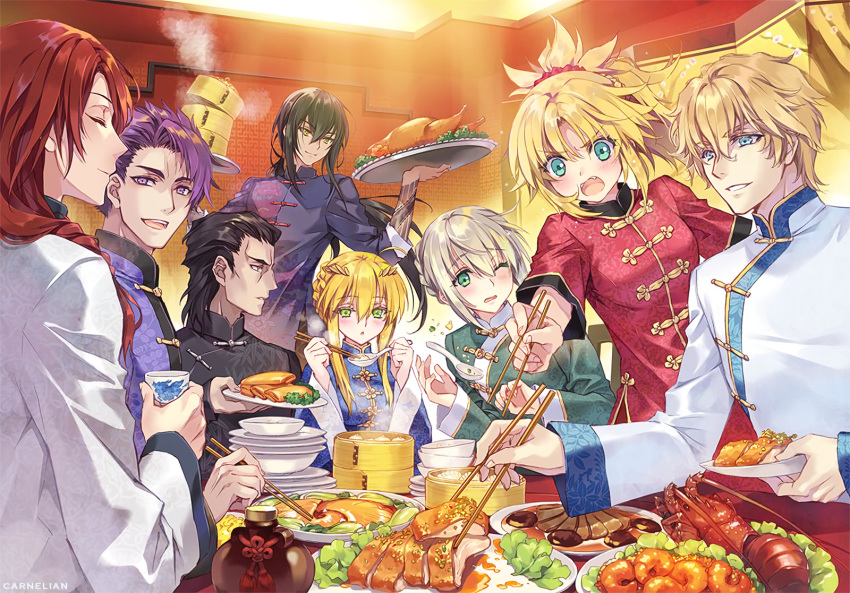 agravain arturia_pendragon bedivere black_hair blonde_hair blue_eyes braids carnelian chinese_clothes drink fate/grand_order fate_(series) food gawain green_eyes group lancelot_(fate) long_hair male mordred oerba_yun_fang ponytail purple_eyes purple_hair red_hair short_hair tristan_(fate/grand_order) waifu2x watermark wink yan_qing