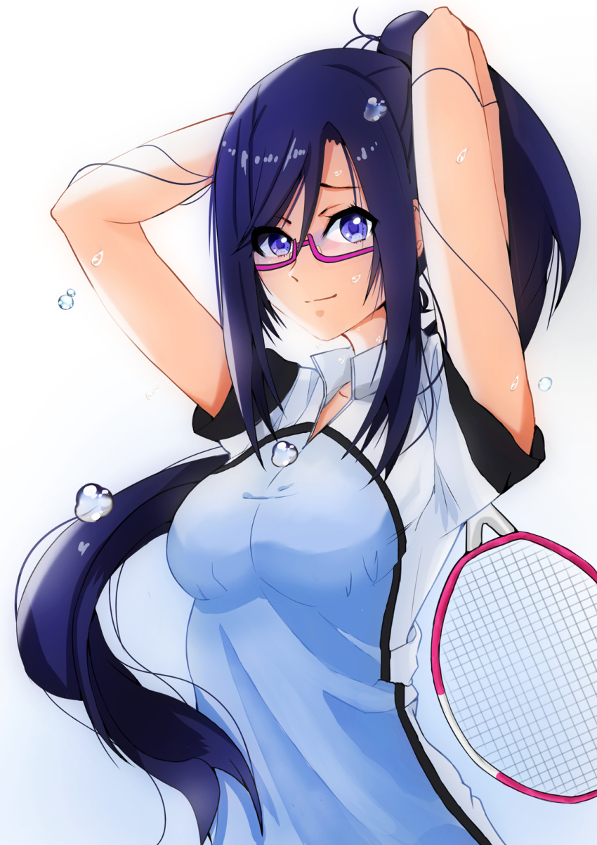 arms_behind_head bad_id bad_pixiv_id badminton_racket blue_background blue_hair breasts clisapex female glasses gradient_background hanebado! high_ponytail highres izumi_riko long_hair looking_at_viewer medium_breasts ponytail purple_eyes racket red-framed_eyewear semi-rimless_eyewear short_sleeves sidelocks smile solo sweat under-rim_eyewear very_long_hair