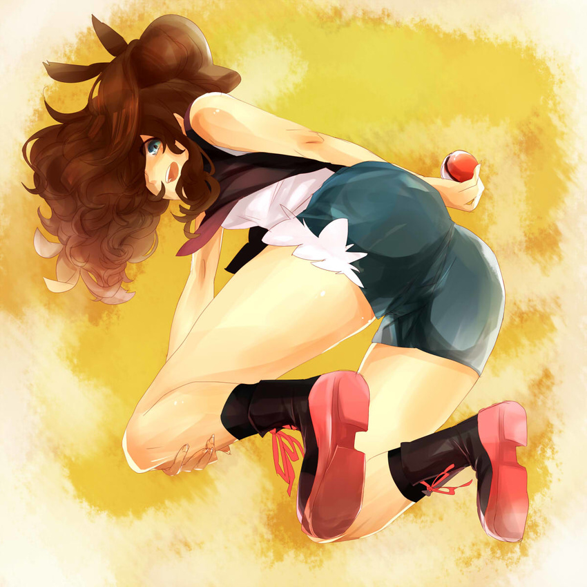 ass blue_eyes boots brown_hair buntatta commentary_request denim denim_shorts exposed_pocket female grey_shorts hair_over_one_eye highres hilda_(pokemon) holding holding_poke_ball long_hair no_headwear poke_ball poke_ball_(basic) pokemon pokemon_bw ponytail shorts smile socks solo vest