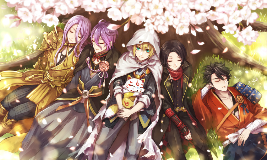 5boys aqua_eyes armor blonde_hair brown_hair cherry_blossoms cloak closed_eyes commentary_request flower fox hachisuka_kotetsu highres hood japanese_armor japanese_clothes kasen_kanesada kashuu_kiyomitsu konnosuke male_focus mole mole_under_mouth multiple_boys mutsu-no-kami_yoshiyuki necktie petals ponytail purple_hair scarf shoulder_armor sitting smile sode touken_ranbu tree yamanbagiri_kunihiro yamaneko514