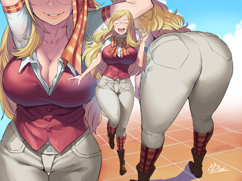 ass blonde_hair boku_no_hero_academia boots breasts cleavage long_hair melissa_shield obui signed