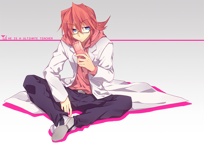 1boy bad_id bad_pixiv_id blue_eyes cellphone commentary_request denpa_kyoushi english_text engrish_text glasses kagami_jun'ichirou male_focus phone ranguage red_hair saigi sitting solo