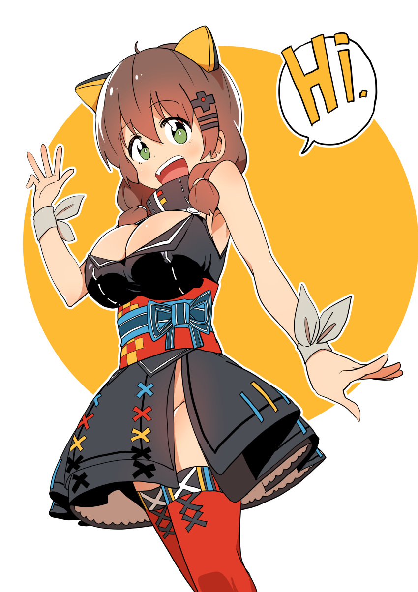 absurdres blush breasts brown_hair bural_chingu cleavage commentary cosplay english_text female green_eyes ham_na-bi highres huge_breasts kaguya_luna kaguya_luna_(cosplay) korean_commentary luke_(dydansgur) open_mouth short_twintails smile solo the_moon_studio twintails virtual_youtuber