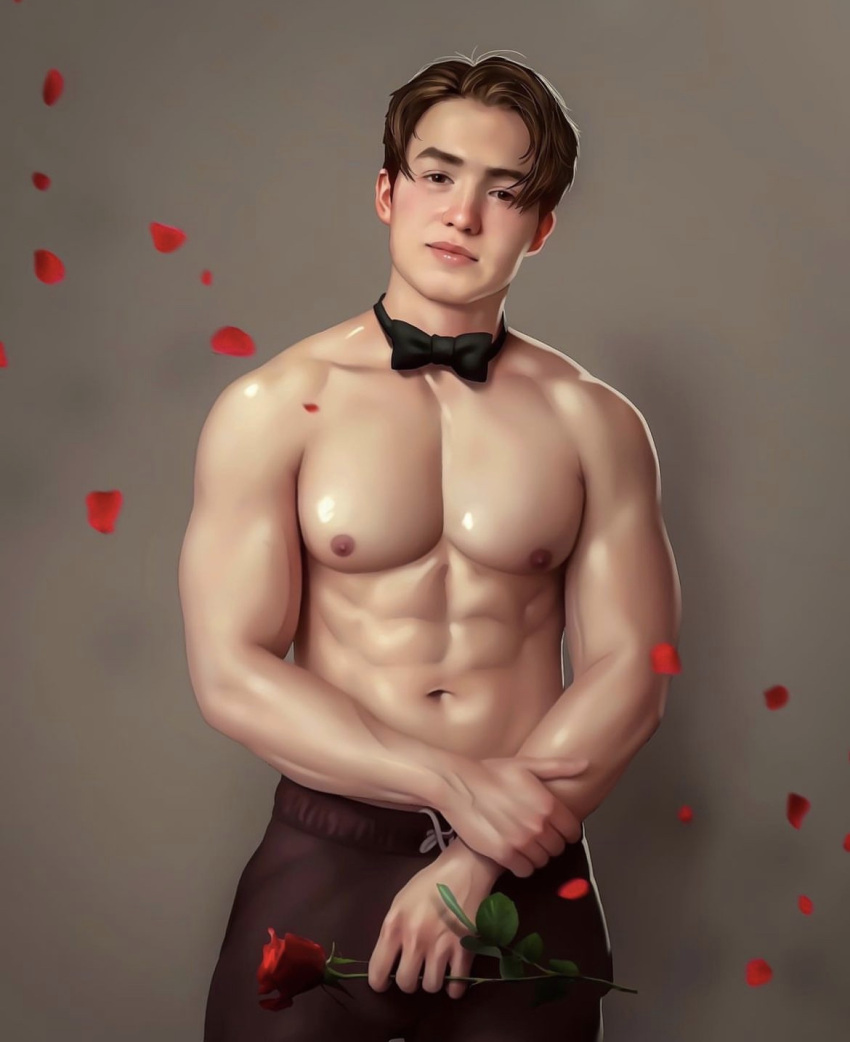 actor caucasian caucasian_male celebrity kit_connor looking_at_viewer male male_only muscles muscular muscular_male nerdyart real_person rose_petals roses shirtless_male teen_boy valentine's_day