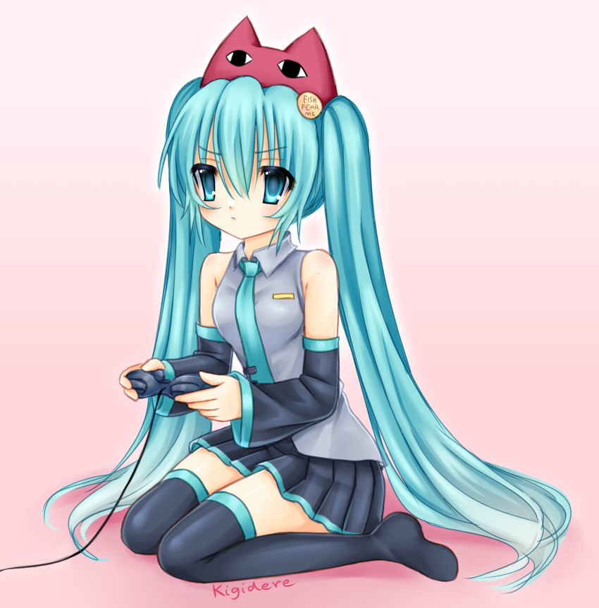 absurdres animal_hat aqua_eyes aqua_hair aqua_necktie artist_name badge bare_shoulders black_skirt black_sleeves black_thighhighs button_badge cat_hat collared_shirt commentary commission controller detached_sleeves english_commentary female game_controller grey_shirt hat hatsune_miku highres holding holding_controller holding_game_controller kigidere long_hair long_sleeves meme miniskirt necktie pink_background playing_games pleated_skirt shirt signature sitting skirt sleeveless sleeveless_shirt solo thighhighs twintails very_long_hair vocaloid women_want_me_fish_fear_me_(meme) zettai_ryouiki