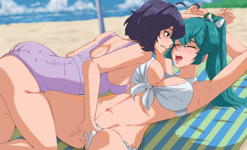 2girls ahoge aqua_hair armpits arms_up ass beach bikini black_hair blue_hair blush breasts brown_eyes cleavage day fingering fingering_through_clothes front-tie_top green_hair highres hiiragi_utena large_breasts long_hair looking_at_another lying mahou_shoujo_ni_akogarete medium_breasts minakami_sayo multiple_girls navel ocean on_back one-piece_swimsuit open_mouth outdoors parted_lips ponytail sand short_hair sky smile swimsuit through_clothes white_bikini yuri yuriyurisuki