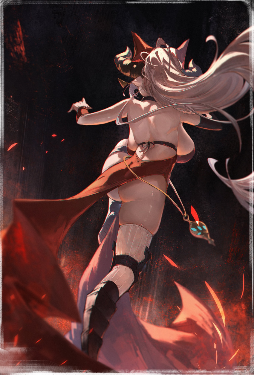 absurdres aliza_(granblue_fantasy) backless_outfit bow breasts draph female fighting_stance from_behind granblue_fantasy hairbow highres horns large_breasts red_bow skindentation thighhighs white_thighhighs yu_pian