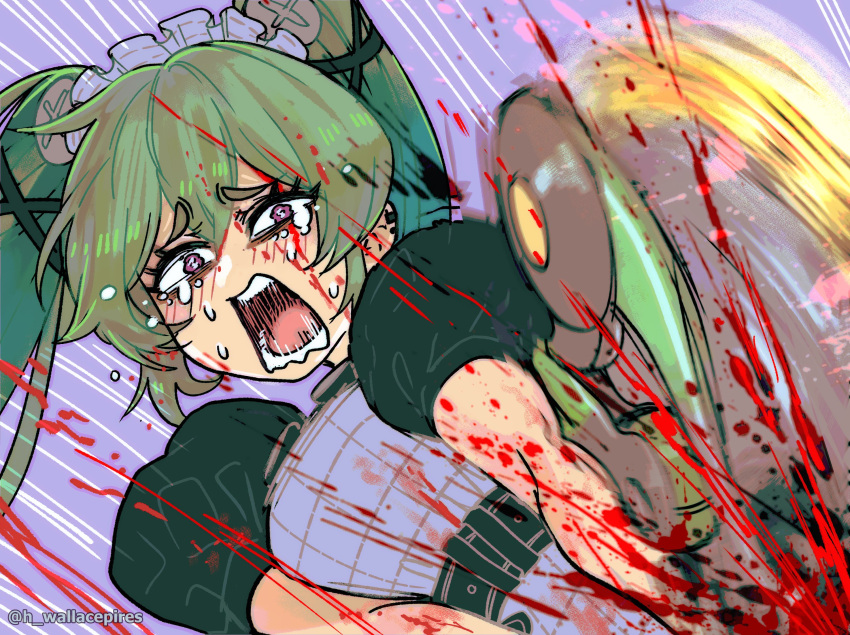 black_dress black_ribbon blood blood_on_clothes blood_on_face blood_splatter blush circular_saw corin_wickes crying crying_with_eyes_open dress female green_hair hair_between_eyes hair_ornament hair_ribbon highres looking_at_viewer maid maid_headdress open_mouth purple_eyes ribbon romaji_commentary saw screw_hair_ornament simple_background solo tears twitter_username upper_body wallace_pires weapon zenless_zone_zero