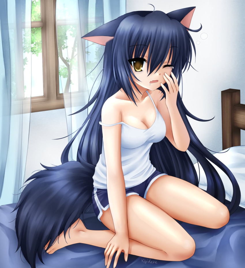 animal_ears barefoot blue_hair blue_shorts breasts cleavage commentary curtains dog_ears dog_girl dog_tail dress english_commentary female full_body hand_up highres indoors kigidere long_hair looking_at_viewer medium_breasts on_bed one_eye_closed original shirt short_shorts shorts sitting sleeveless sleeveless_dress solo spaghetti_strap strap_slip tail very_long_hair white_shirt window yellow_eyes