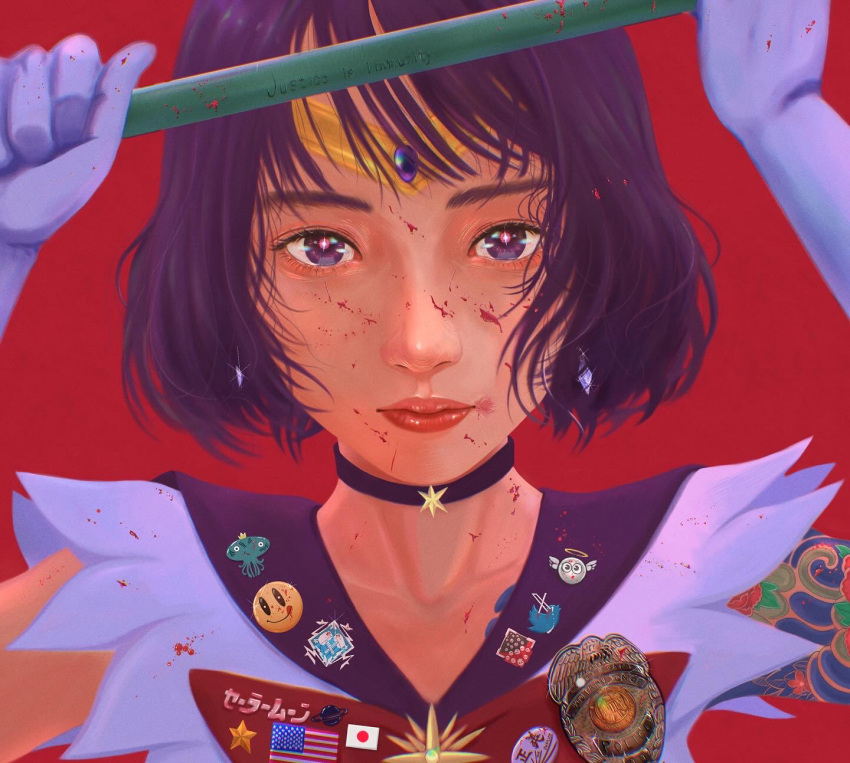 american_flag angel angel_wings annotated annotation_request apex_legends arm_tattoo badge bishoujo_senshi_sailor_moon blood blood_in_hair blood_on_clothes blood_on_face bob_cut bow bowtie button_badge choker close-up collarbone commentary copyright_name dress earrings female gem gloves halo hands_up highres holding holding_polearm holding_weapon japanese_flag jewelry lips looking_at_viewer loose_hair_strand messy_hair pendant_choker pendant_earring pink_lips polearm police_badge portrait purple_choker purple_dress purple_eyes purple_gemstone purple_hair purple_sailor_collar realistic red_background red_bow red_bowtie sailor_collar sailor_saturn sailor_senshi_uniform saturn_(planet) short_hair shyiek_art sleeveless sleeveless_dress smiley_face solo sparkling_eyes star_(symbol) straight-on tattoo tattoo_sleeve tiara tomoe_hotaru translated twitter_bird twitter_x_logo weapon white_dress white_gloves wings