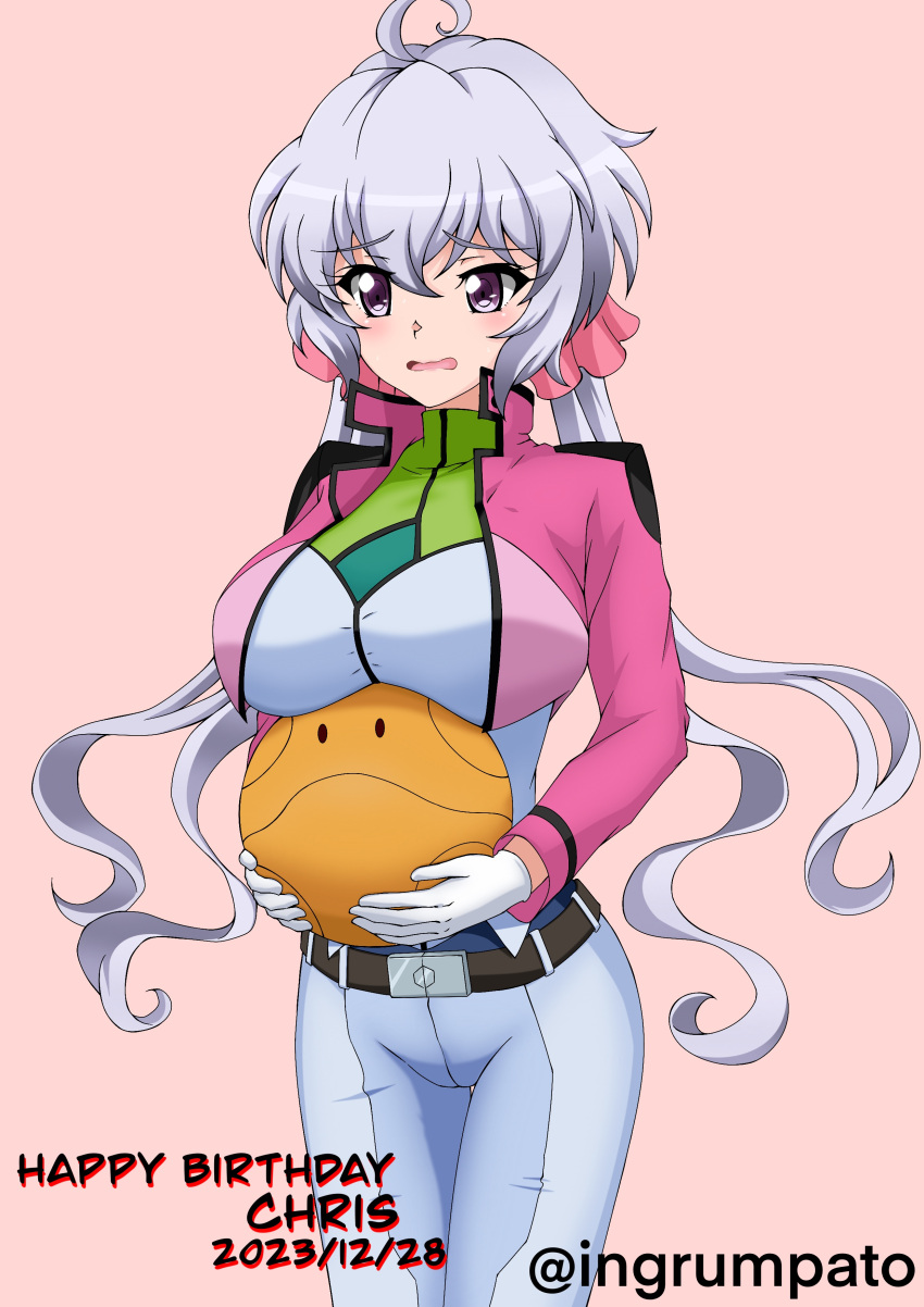 absurdres alternate_costume birthday blush breasts character_name cosplay dated feldt_grace feldt_grace_(cosplay) female gundam gundam_00 hair_ornament hair_scrunchie happy_birthday haro highres kyomeihibiki large_breasts long_hair open_mouth pink_background purple_eyes scrunchie senki_zesshou_symphogear simple_background solo twintails white_hair yukine_chris