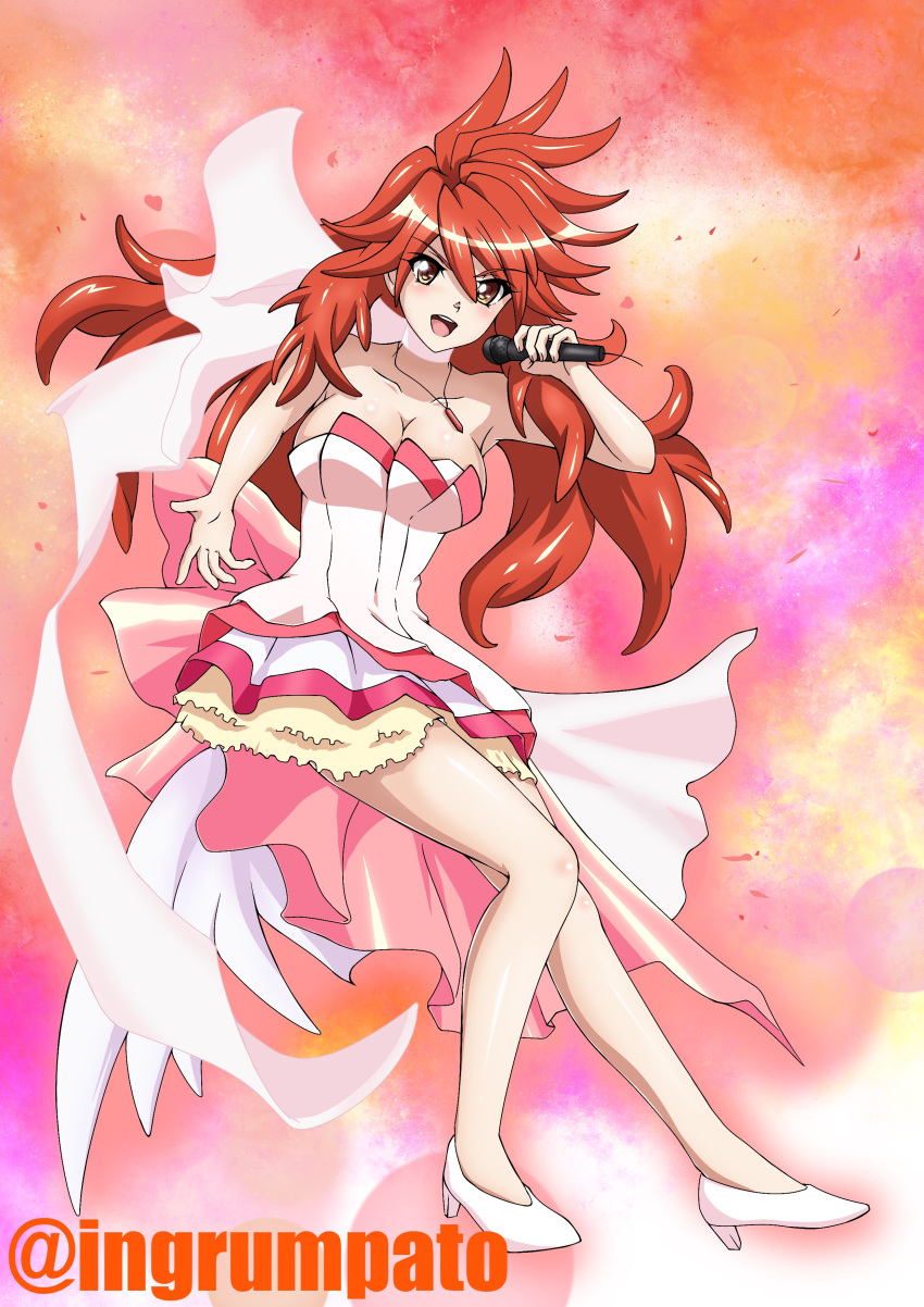 absurdres amou_kanade blush breasts cleavage dress female high_heels highres idol jewelry kyomeihibiki large_breasts long_hair looking_at_viewer messy_hair microphone necklace open_mouth red_hair senki_zesshou_symphogear smile solo yellow_eyes