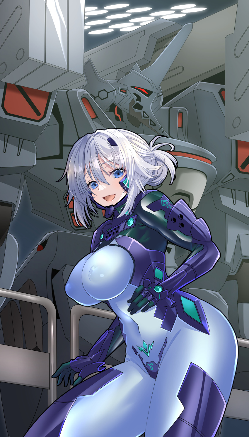 absurdres armored_bodysuit bodysuit breasts character_request covered_navel female fortified_suit hangar highres impossible_bodysuit impossible_clothes kogarasu1st large_breasts looking_at_viewer mecha muv-luv muv-luv_alternative pilot_suit robot science_fiction shiny_clothes short_hair su-47_berkut_(muv-luv) tactical_surface_fighter