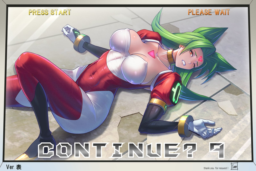 animal_ears bloody_roar bodysuit breasts cat_ears chest_markings cleavage clenched_teeth commentary_request commission continue covered_navel covered_nipples defeat english_text facial_mark female forehead_mark gameplay_mechanics green_hair highres large_breasts long_hair nonomura_uriko one_eye_closed orange_eyes parted_lips red_bodysuit skeb_commission solo teeth tomo_eokaiteru two-tone_bodysuit white_bodysuit