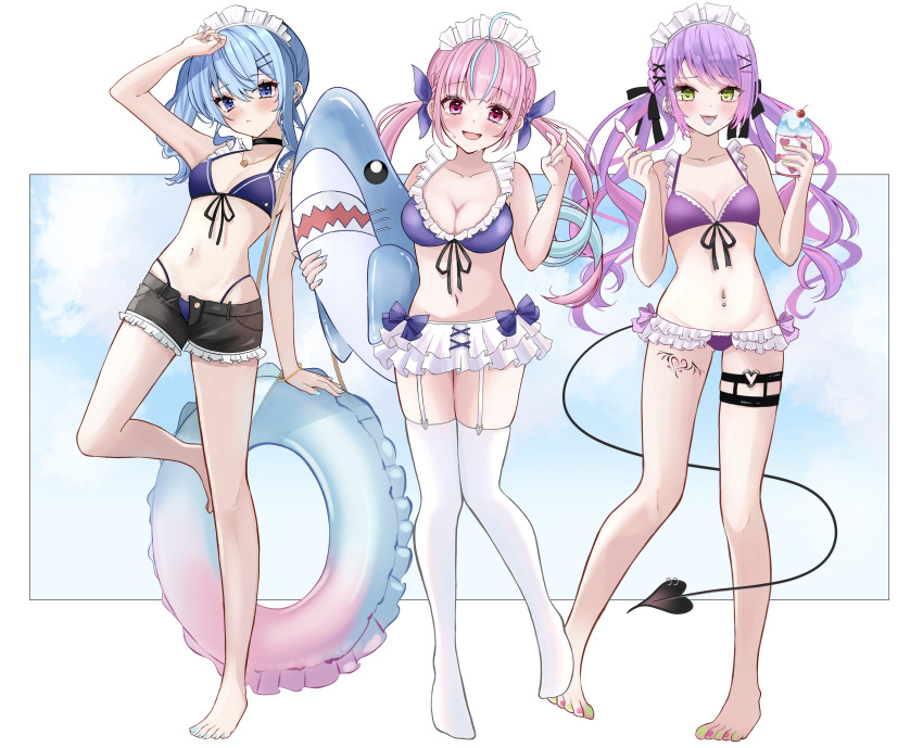 3girls absurdres bare_shoulders barefoot bikini blue_hair breasts cleavage closed_mouth demon_girl demon_tail food full_body garter_straps green_eyes hair_between_eyes highres holding holding_food holding_ice_cream holding_spoon hololive hoshimachi_suisei ice_cream minato_aqua multicolored_hair multiple_girls navel open_mouth oyuharu pink_eyes pink_hair purple_hair smile spoon standing standing_on_one_leg streaked_hair sweat swimsuit tail thighhighs tokoyami_towa twintails virtual_youtuber white_thighhighs