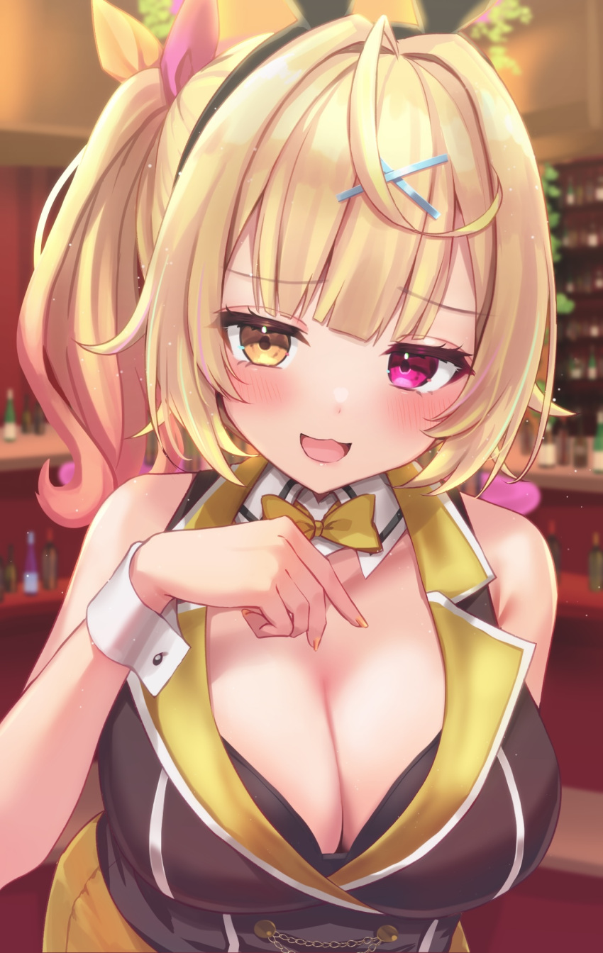 :3 :d animal_ears bare_shoulders black_bra black_vest blonde_hair blush bottle bow bowtie bra breasts bunny_garden cleavage collar cosplay fake_animal_ears female hair_ornament hair_ribbon heterochromia highres hoshikawa_sara indoors large_breasts leaning_forward long_hair looking_at_viewer multicolored_hair nijisanji nontraditional_playboy_bunny open_mouth purple_eyes rabbit_ears reityana ribbon rin_(bunny_garden) rin_(bunny_garden)_(cosplay) side_ponytail skirt smile solo streaked_hair underwear vest virtual_youtuber white_collar wing_collar wrist_cuffs x_hair_ornament yellow_bow yellow_bowtie yellow_collar yellow_eyes yellow_skirt