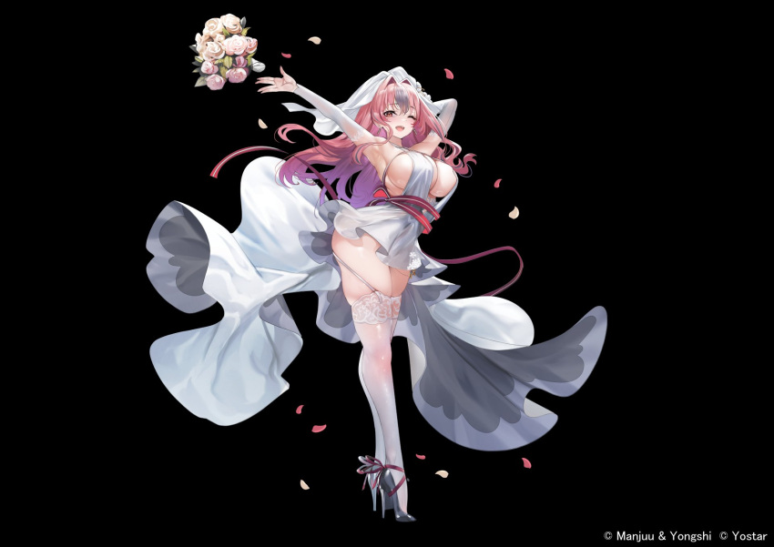 armpits arms_up azur_lane black_background black_footwear bouquet breasts bremerton_(azur_lane) bremerton_(joyride_of_love)_(azur_lane) bridal_veil dress earrings female flower frilled_dress frills green_hair high_heels highres huge_breasts jewelry long_hair looking_at_viewer mole mole_under_eye multicolored_hair official_alternate_costume official_art one_eye_closed open_mouth pink_flower pink_hair simple_background skindentation solo streaked_hair teddy_(khanshin) thighhighs veil wedding_dress white_dress white_thighhighs